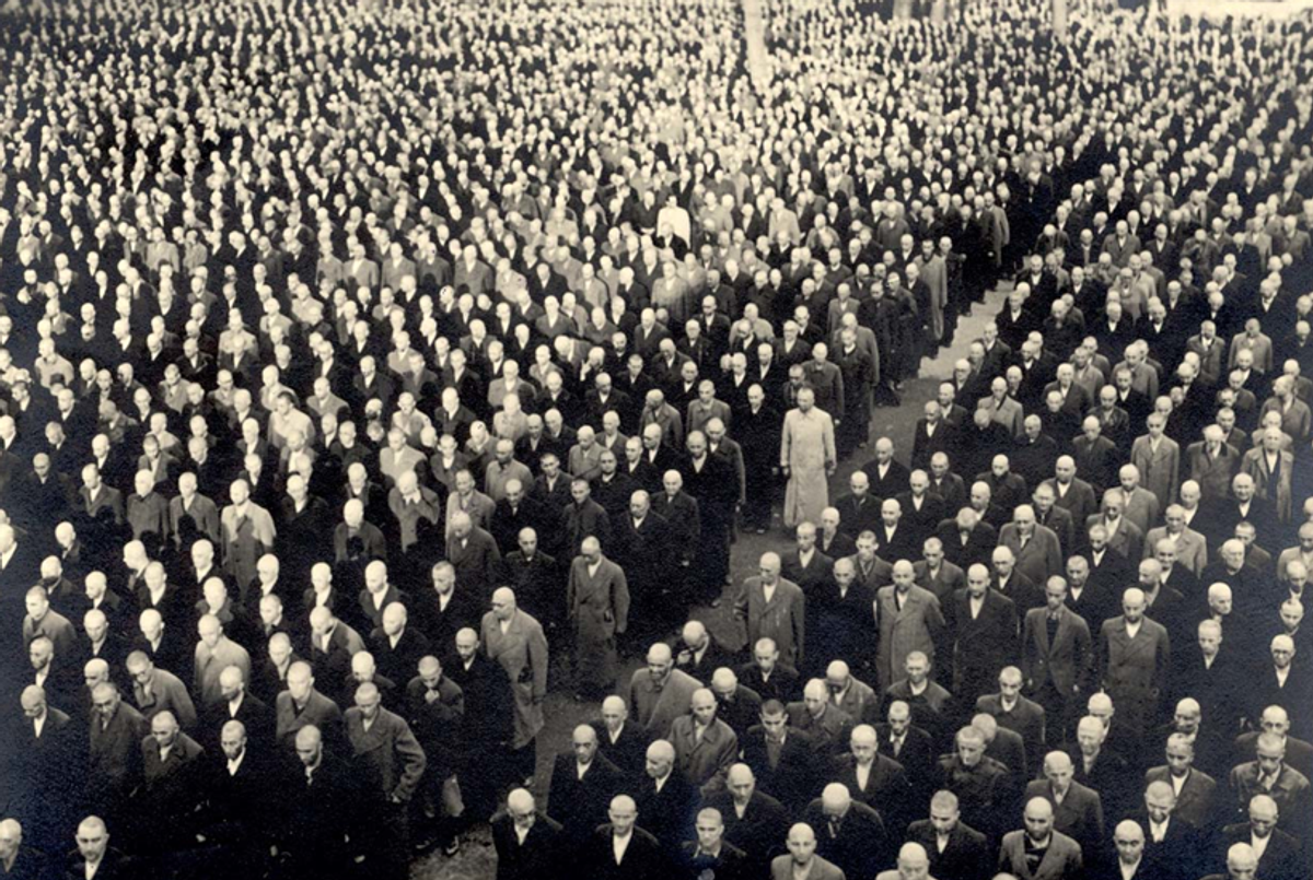Roll call in Buchenwald, November 1938, with some of the 26,000 Jewish men forced into concentration camps after the Kristallnacht pogrom.(USHMM/American Jewish Joint Distribution Committee, courtesy of Robert A. Schmuhl.)