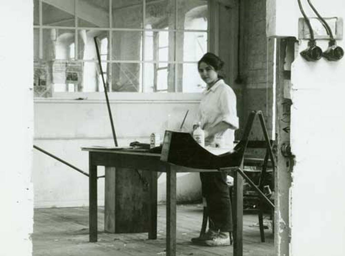 Eva Hesse in Textile Factory Studio, Kettwig Germany, 1964. (Photographer unknown, from Eva Hesse, a film by Marcie Begleiter, a Zeitgeist Films release.)