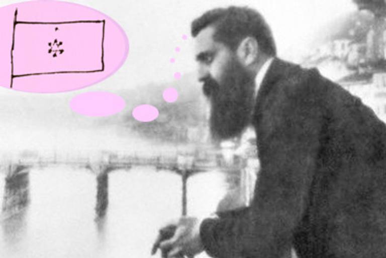 Theodore Herzl, with his vision for the flag of Israel(Photo of Herzel: Wikimedia Commons; illustration: Abigail Miller)