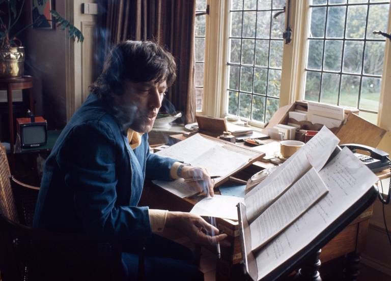 Tom Stoppard working in the study of his home in Iver, Buckinghamshire, circa June 1979