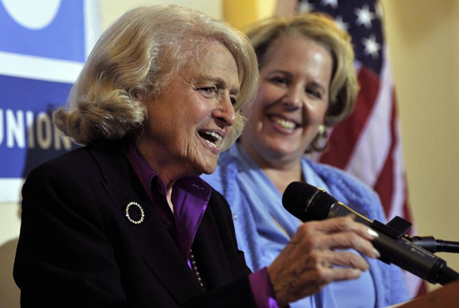 Defense of Marriage Act plantiff Edith 'Edie' Windsor Edith (L) and her attorney Roberta Kaplan attend a press conference at the The Lesbian, Gay, Bisexual and Transgender Community Center in New York on June 26, 2013.(TIMOTHY CLARY/AFP/Getty Image)