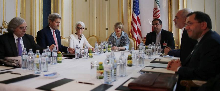 US Secretary of Energy Ernest Moniz, US Secretary of State John Kerry and US Under Secretary for Political Affairs Wendy Sherman meet with Iranian Foreign Minister Mohammad Javad Zarif (2nd R) and his delegation at a hotel in Vienna on June 27, 2015. US Secretary of State John Kerry and Iran's foreign minister both warned of 'hard work' ahead as they sought to seal a historic deal after almost two years of intense diplomatic effort.
