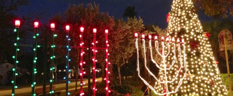 The Wilton Manors, Florida, public holiday display for Kwanzaa, Hanukkah, and Christmas.