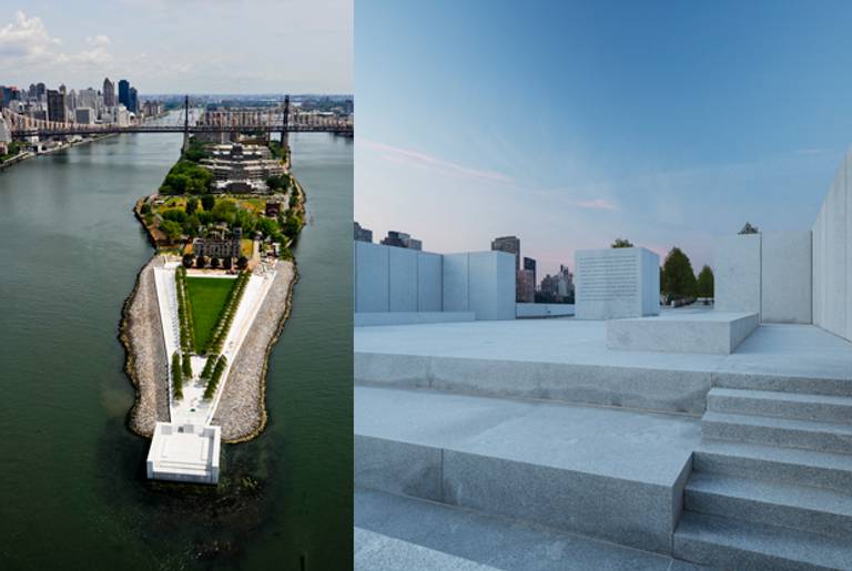 (Paul Warchol/Franklin D. Roosevelt Four Freedoms Park [right]; aerial photo [left] Amiaga)