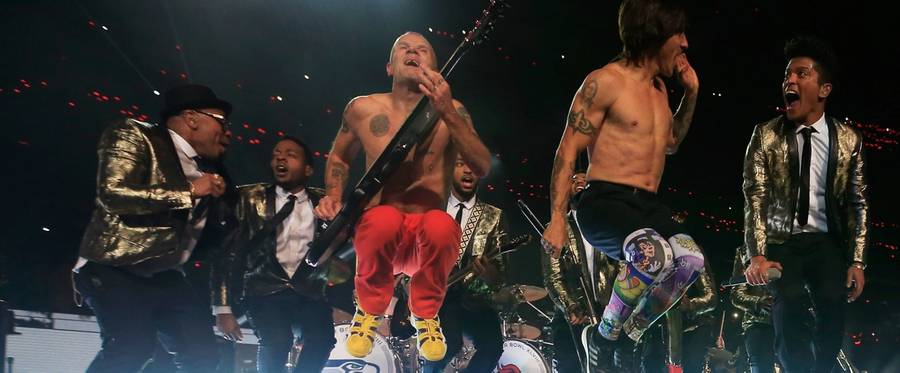 Bruno Mars and the Red Hot Chili Peppers perform during the Pepsi Super Bowl XLVIII Halftime Show at MetLife Stadium in East Rutherford, New Jersey, February 2, 2014. 