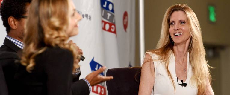 Ann Coulter (L) and Ana Kasparian at 'Ann Coulter vs. Ana Kasparian' panel during Politicon at Pasadena Convention Center on July 29, 2017 in Pasadena, California.