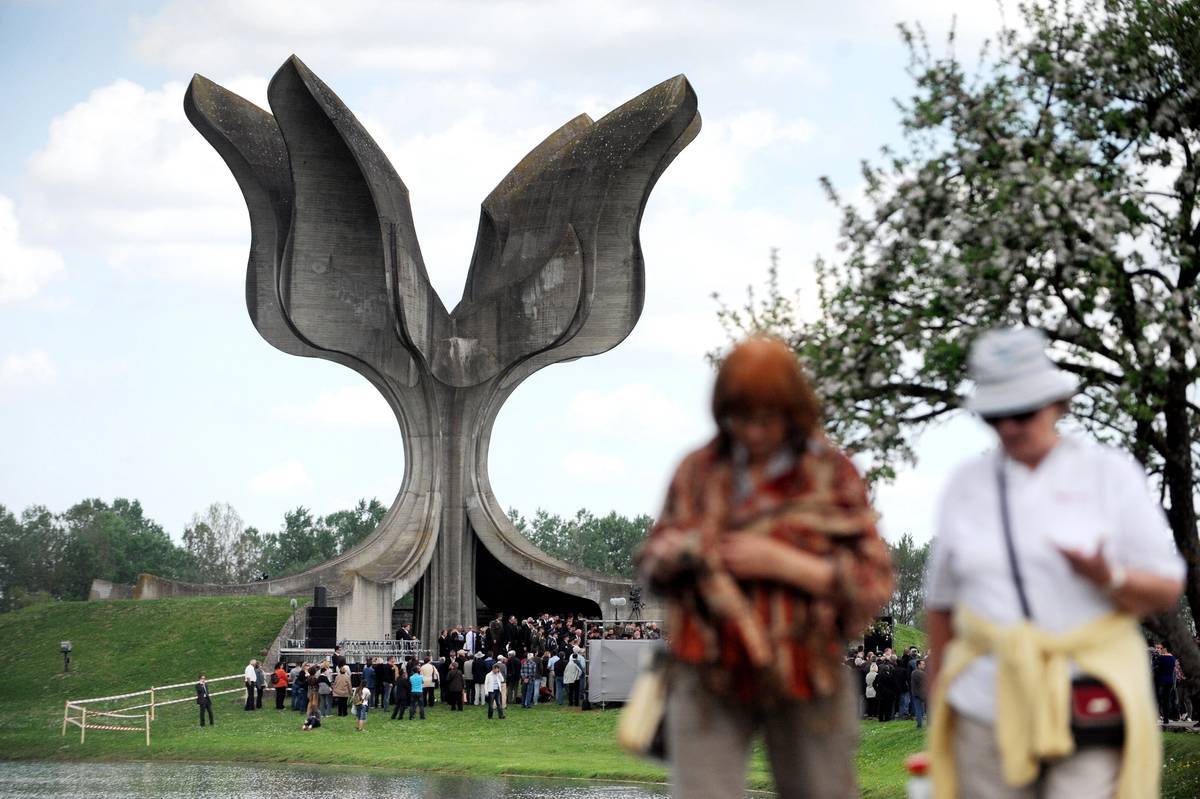 A memorial ceremony for victims who were killed at the Jasenovac camp, in Jasenovac, 2015. The Stone Flower memorial was erected in 1966.