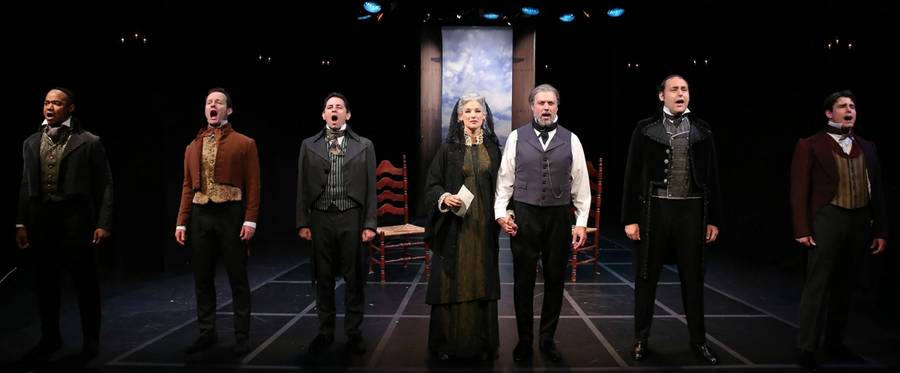 (L to R) Curtis Wiley as Kalmann, Jamie LaVerdiere as Salomon, Christopher M. Williams as Nathan, Glory Crampton as Gutele, Robert Cuccioli as Mayer, Nicholas Mongiardo-Cooper as Amshel, and David Bryan Johnson as Jacob in “Rothschild & Sons” with music by Jerry Bock, lyrics by Sheldon Harnick and book by Sherman Yellen at York Theatre Company. (Carol Rosegg.)