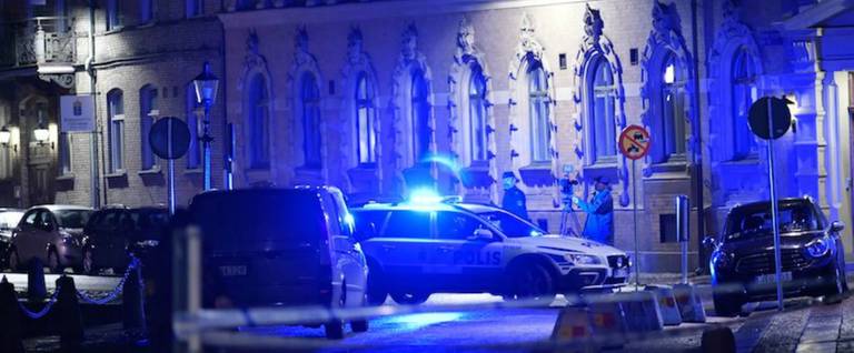 Police outside of a fire-bombed synagogue in Gothenburg, Sweden in December