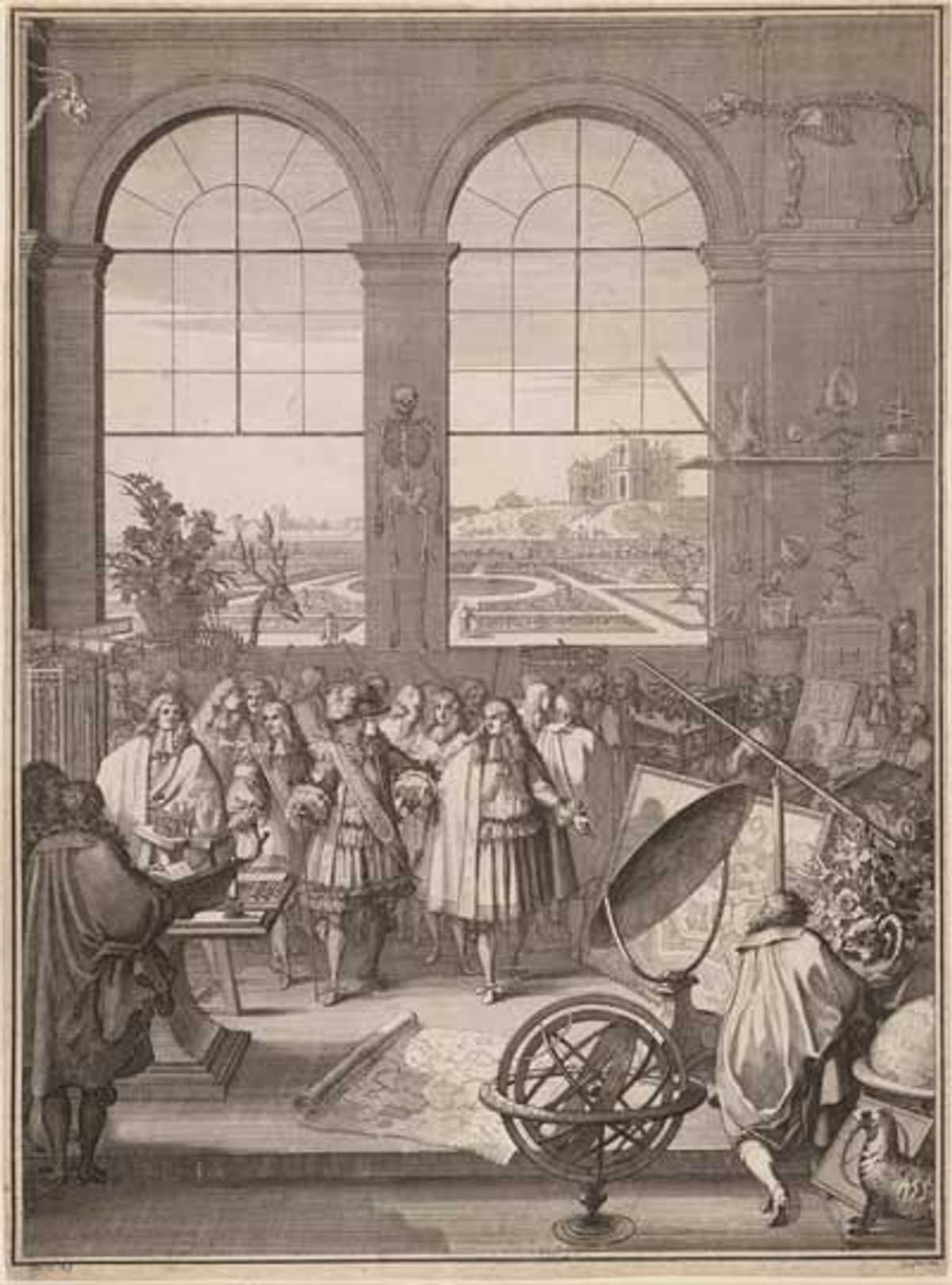 Louis XIV visiting l’Académie des sciences. Engraving by Sébastien Leclerc in Mémoires pour servir a l’Histoire Naturelle des Animaux, (1671). (Image via Wikipedia)