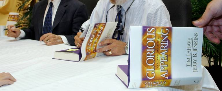 Co-authors Tim LaHaye (L) and Jerry B. Jenkins of the 'Left Behind' series promoting 'Glorious Appearance' at the WalMart Super Store in Bossier City, Louisiana, April 4, 2004. 