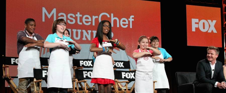 Judge/executive producer Gordon Ramsay (R) with junior chefs speak onstage during the 'MasterChef Junior' panel discussion at the FOX portion of the 2015 Winter TCA Tour at the Langham Hotel on January 17, 2015 in Pasadena, California.