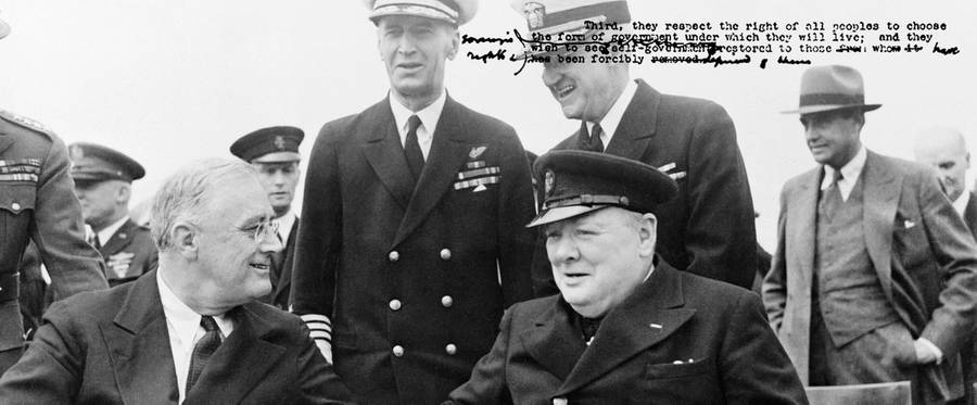 Franklin D. Roosevelt and Winston Churchill on board HMS Prince of Wales, 1941