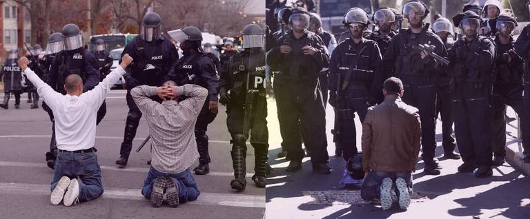 Left: Two men confront police officers on November 30, 2014 in St. Louis, Missouri; Right: Israeli security forces stand guard as a Palestinian Muslim worshipper performs traditional Friday prayers on a street outside the Old City in east Jerusalem, on November 7, 2014.