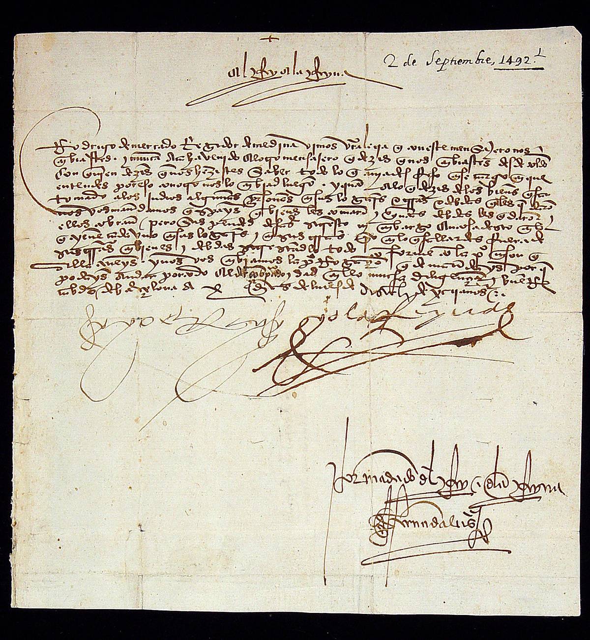 Photograph of a letter from King Ferdinand and Queen Isabella of Spain to Rodrigo de Mercado, the governor of Medina del Campo, regarding the treatment of Jews and their property, Barcelona, Spain, Dec. 10, 1492