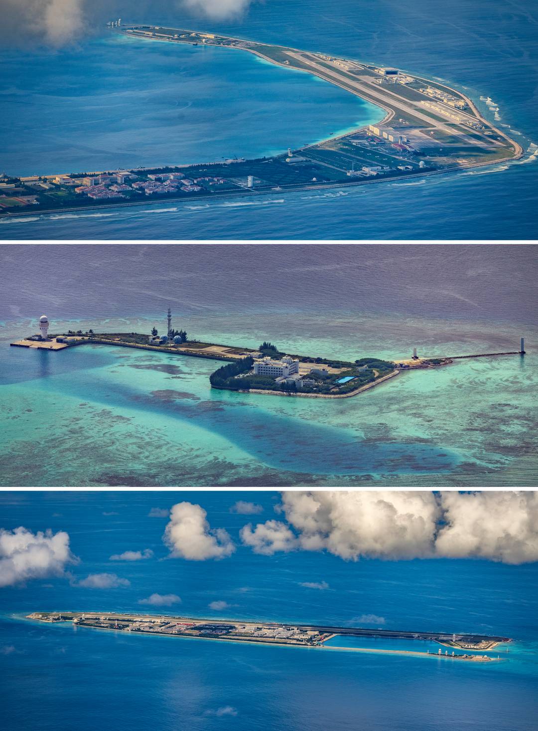 Airfields, buildings, and structures on the artificial islands built by China in, from top, Mischief Reef, Fiery Cross Reef, and Hughes Reef, in the Spratly Islands, South China Sea, in October 2022