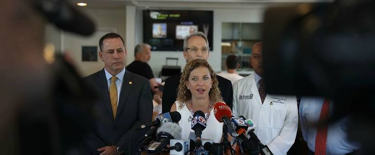 ep. Debbie Wasserman Schultz (D-FL) speaks at a press conference in Miami Beach, Florida, about the local, state, and federal response to the Zika virus, August 22, 2016. 