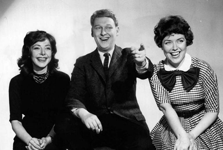 Elaine May, Mike Nichols, and Dorothy Loudon as panelists on the game show Laugh Line on April 3, 1959. (NBC Television)