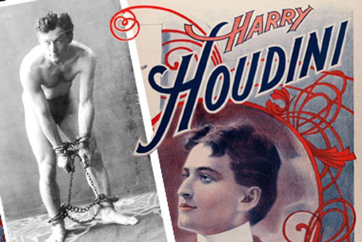Houdini in chains, c. 1906, and as “King of Cards,” c. 1896.(Left photo: Library of Congress, Rare Book and Special Collections Division, McManus Young Collection; right photo: Museum of the City of New York, gift of Mr. and Mrs. John A. Hinson)