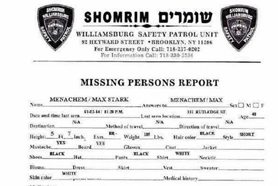 Missing persons report for Menachem Stark, believed to have been kidnapped Thursday night.(@1PolicePlaza)