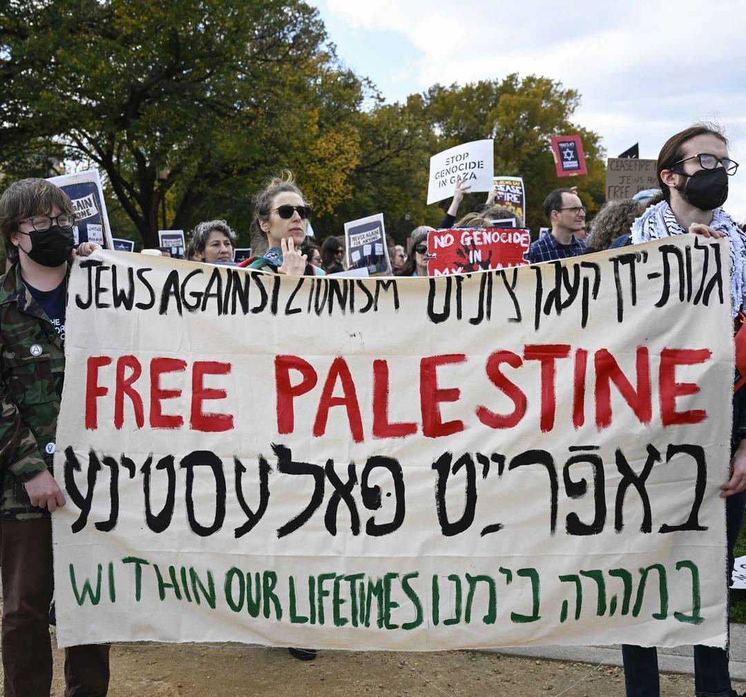 People take part in a demonstration organized with the attendance of multiple Jewish groups outside the Capitol Building in Washington, D.C., on Oct. 18, 2023, to advocate for a halt in hostilities in Gaza