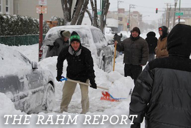 Rahm Emanuel helping shovel snow last week, in a photo released by his campaign.(Chicago for Rahm)