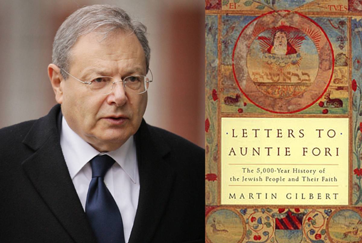 Sir Martin Gilbert in 2009; cover of Letters to Auntie Fori: The 5000-year History of the Jewish People and their Faith. (Peter Macdiarmid/Getty Images; MartinGilbert.com)