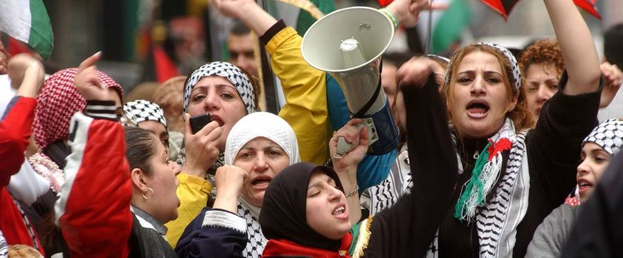 Participants in a pro-Palestinian demonstration in Times Square, April 12, 2002.