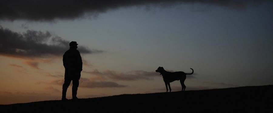A man walks his dog as the winter sun rises over the Somerset Levels and rain clouds gather in Glastonbury, England, December 12, 2011. 