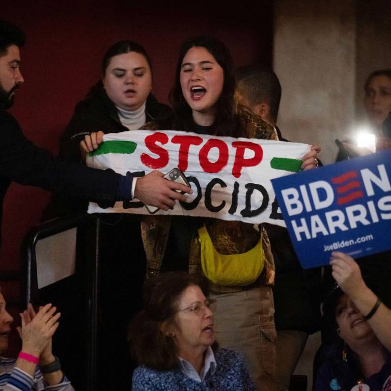 A pro-Palestinian demonstrator interrupts President Joe Biden's remarks during a campaign event in support of abortion rights at George Mason University in Manassas, Virginia, on Jan. 23, 2024