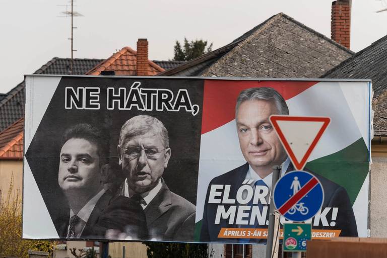 Fidesz election billboard in Mosonmagyarovar displays, from left, leader of the opposition Péter Márki-Zay, former Prime Minister Ferenc Gyurcsány, and Prime Minister Viktor Orbán. Hungary will hold its parliamentary election on April 3, 2022.