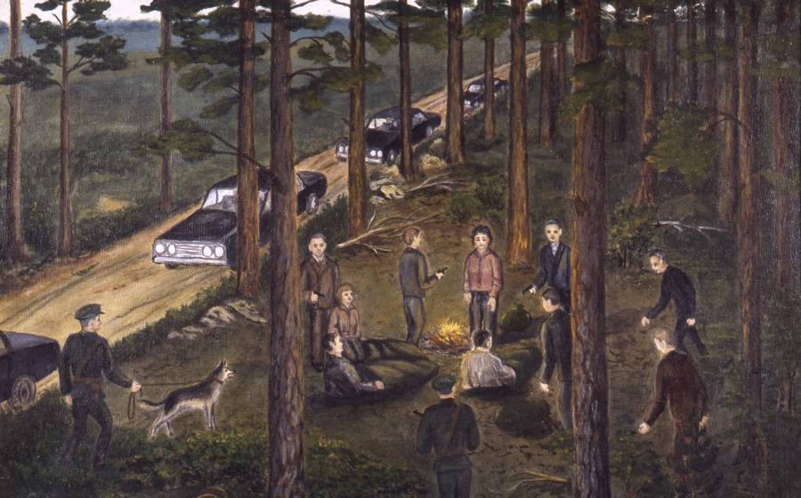 Detail of a painting of the arrest of four would-be hijackers in Priozersk, by Mark Dymshits, oil on canvas, Israel, 1982