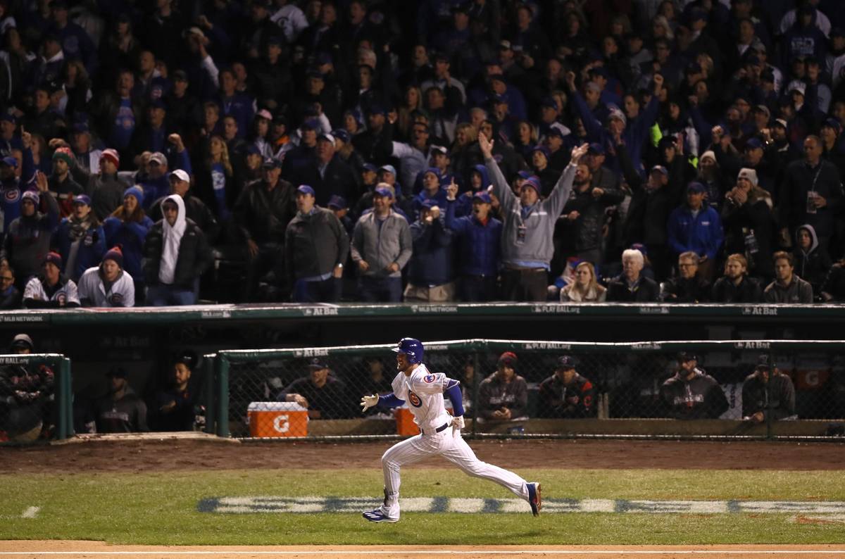 Kris Bryant #17 of the Chicago Cubs rounds the bases after hitting a home run in the fourth inning against the Cleveland Indians in Game Five of the 2016 World Series. Bryant’s solos shot catalyzed a three-run inning and helped to build a lead the Cubs would not relinquish. (Ezra Shaw/Getty Images)