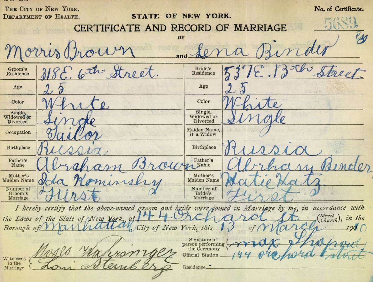 The certificate from Lena and Morris Brown's 1910 marriage