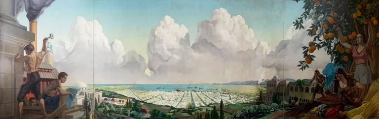Walter Korder and Sanford Low, ‘View of Haifa, Upon the Founding of Israel,’ 1948, oil on canvas, mural separated into three panels, 69.5 x 222 inches, signed and dated lower left