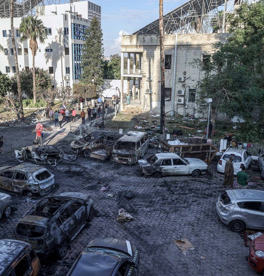 The parking lot of the Al-Ahli Arab Hospital after it was hit by a Palestinian rocket that never made it to its target in Israel, Oct. 18, 2023


