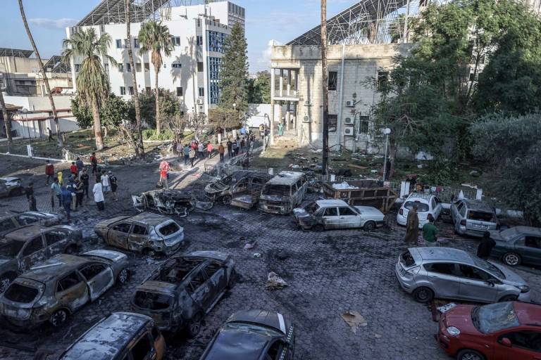 The parking lot of the Al-Ahli Arab Hospital after it was hit by a Palestinian rocket that never made it to its target in Israel, Oct. 18, 2023