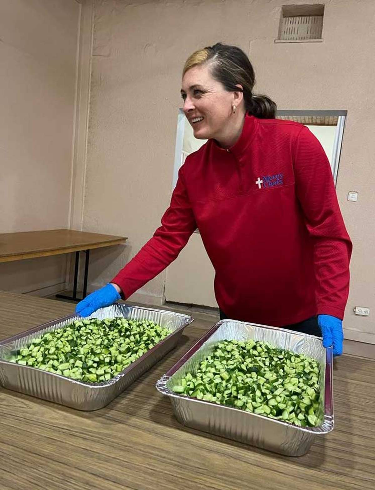 Heather Quinones in the kitchen at Baptist Village. Heather and her husband flew to Israel after the Oct. 7 massacre to work with Mercy Chefs, a Christian charity dedicated to cooking food for whoever needs it.