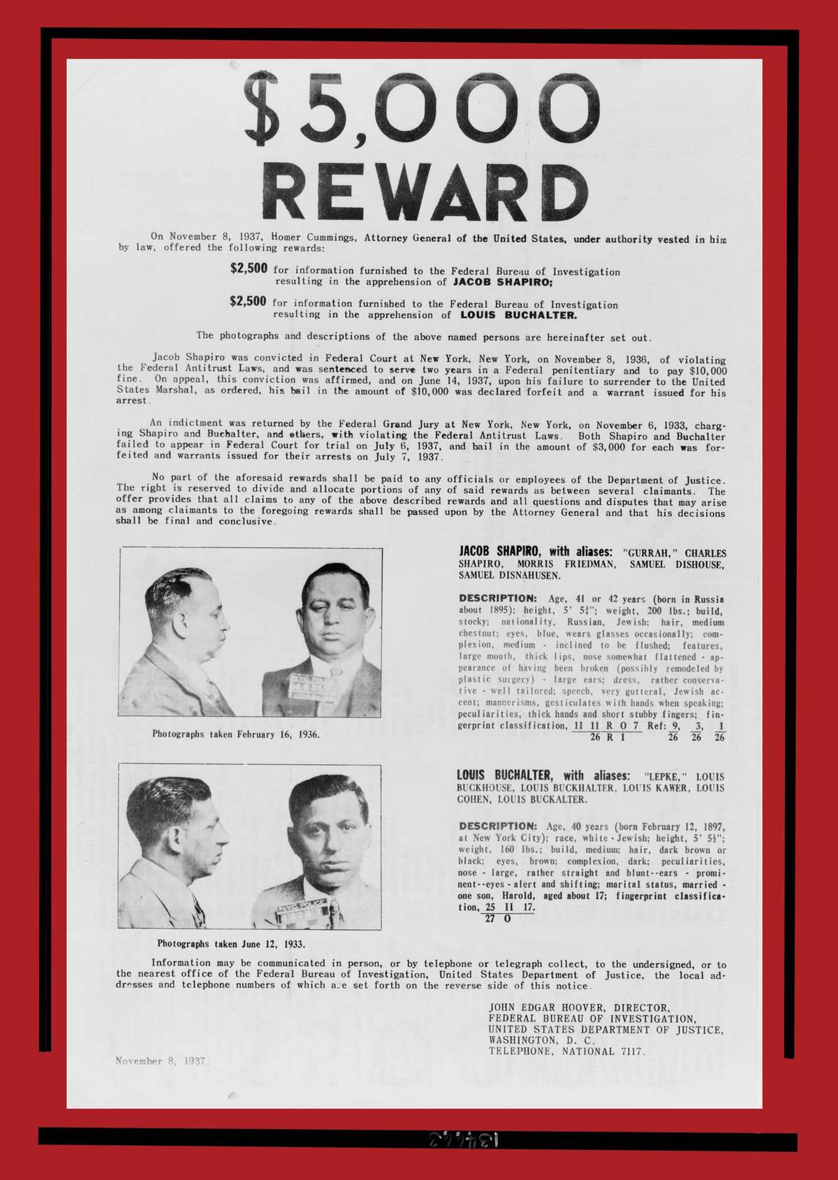  A 1937 wanted poster for Jacob Shapiro and Louis Buchalter