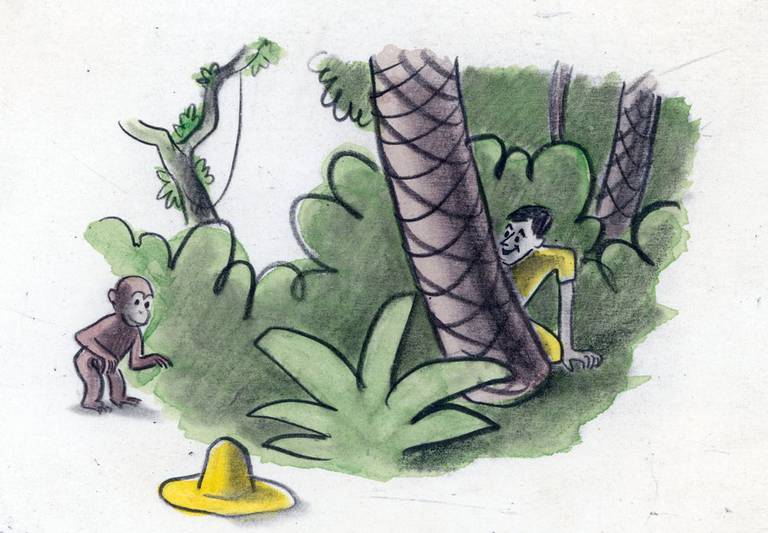 H. A. Rey, final illustration for “One day George saw a man. He had on a large yellow straw hat,” published in The Original Curious George (1998), France, 1939–40, watercolor, charcoal, and color pencil on paper