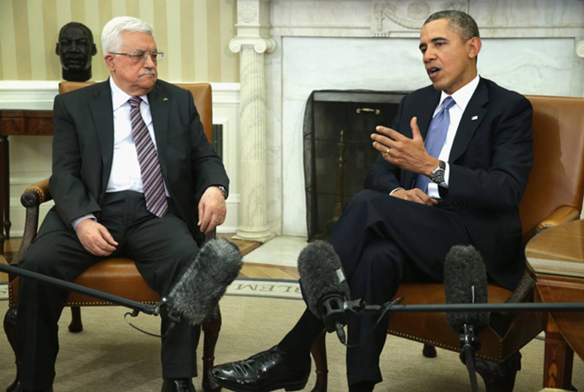 U.S. President Barack Obama (R) meets with Palestinian President Mahmoud Abbas (L) in the Oval Office of the White House March 17, 2014 in Washington, DC. (Alex Wong/Getty Images)