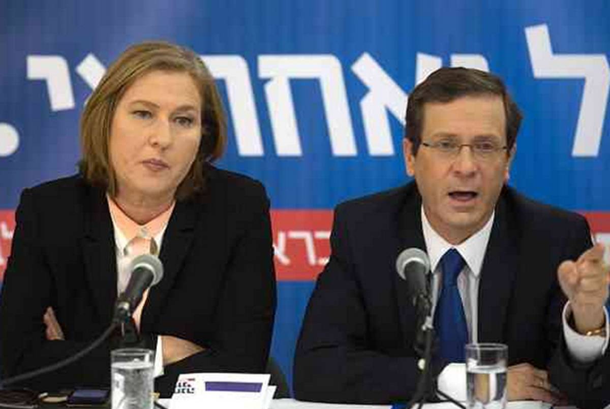 Tzipi Livni and Isaac Herzog, co- leaders of the Zionist Union party, in Tel Aviv on February 22, 2015.(MENAHEM KAHANA/AFP/Getty Images)