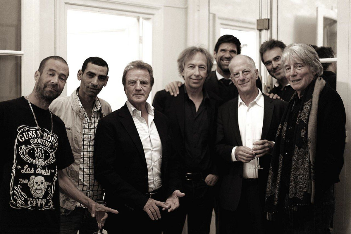 Right to left, front row, André Glucksmann in a shawl, the author, Pascal Bruckner, Bernard Kouchner, and two unidentified French rappers. Back row, left: Felix Marquardt. Paris, 2012. 