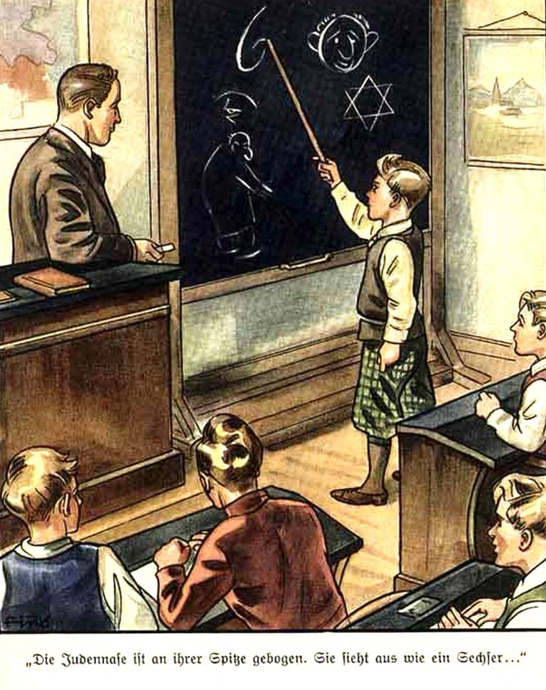 ‘The Jewish nose is bent at the tip. It looks like a number six ...’ Illustration from a Nazi children's book, circa 1936