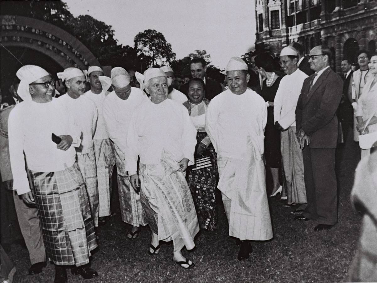David Ben-Gurion dressed in Burmese national costume during his visit to Rangoon, Burma, as guest of Prime Minister U Nu, May 1961