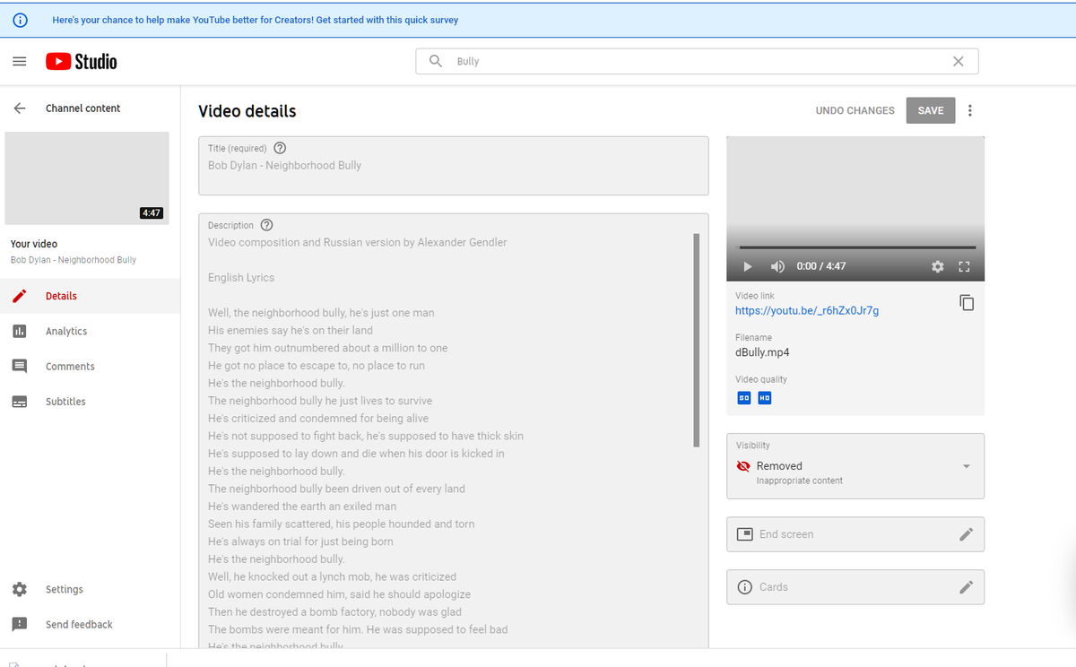 Screenshot of ‘hate speech’ notification from Youtube to Gendler.