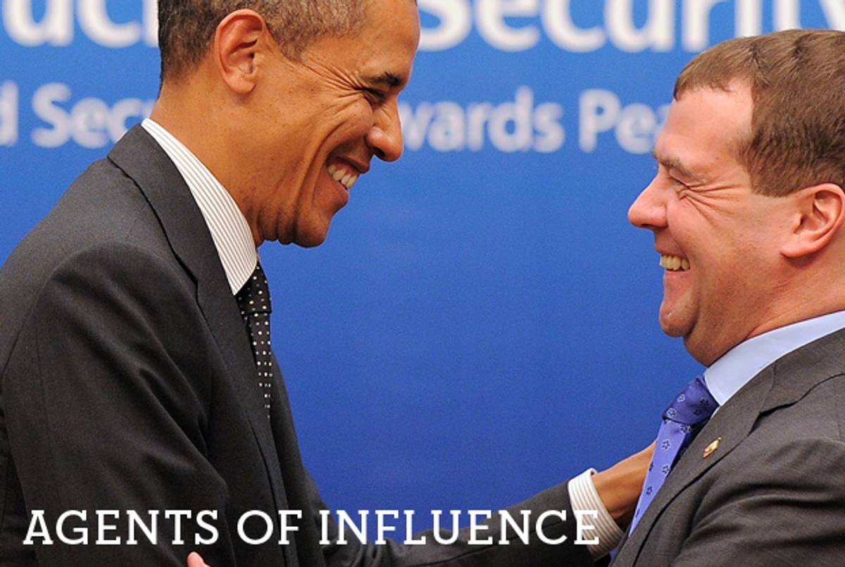 U.S. President Barack Obama and Russian President Dmitry Medvedev share a smile after their bilateral meeting in Seoul on March 26, 2012 on the sidelines of the 2012 Seoul Nuclear Security Summit.(Jewel Samad/AFP/Getty Images)