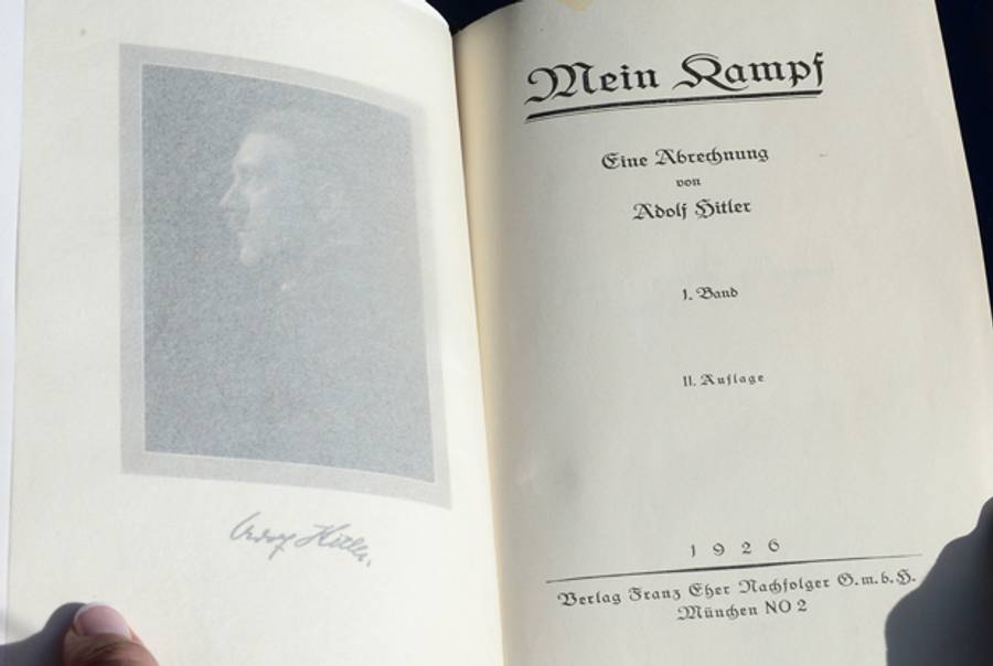 One of two rare copies of 'Mein Kampf' signed by Adolf Hitler up for auction in Los Angeles, California on February 25, 2014. (FREDERIC J. BROWN/AFP/Getty Images)