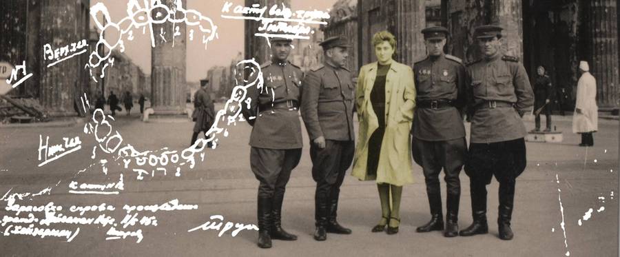 Elena Rzhevskaya (middle) with Soviet officers, Berlin, May 1945; a diagram, drawn by Käthe Heusermann during her interrogation, of Hitler's teeth 