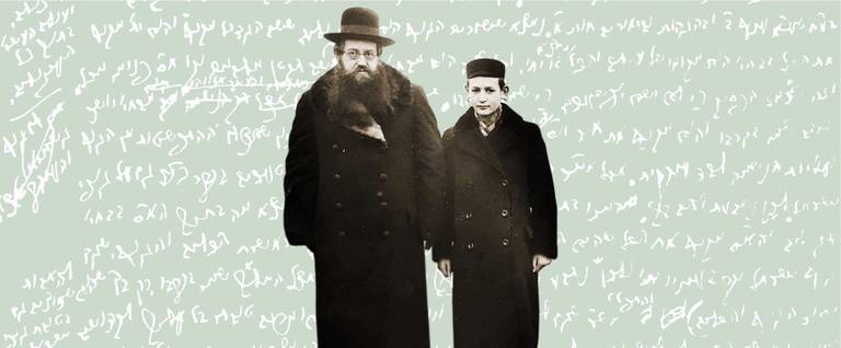 An unverified photo of Kalonymus Kalman Shapira with his son Elimelekh Benzion, who perished in the Holocaust, circa 1925